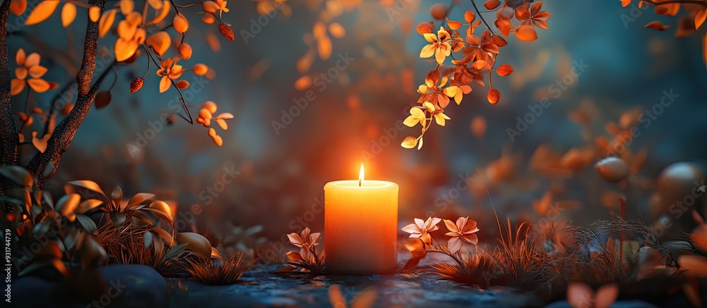 Leinwandbilder autumn candle featuring orange leaves and blooms. with copy space image. place for adding text or de