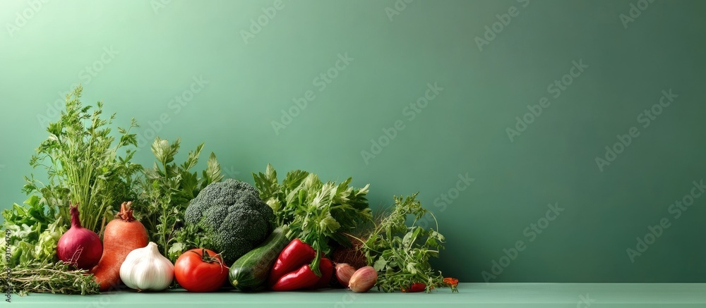 Poster start diet today arrangement of organic food fresh raw vegetables and herbs. with copy space image. 
