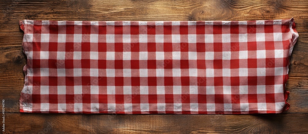 Aufkleber Checkered tablecloth on a wooden table top view Area for text. with copy space image. Place for adding text or design