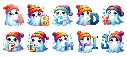 Fototapeta premium Colorful Ghost Alphabet with Winter Hats - Cute and Playful Letters A-J
