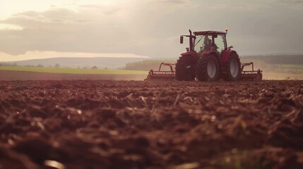 Obraz premium Tractor Plowing Field at Sunset