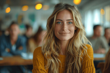Obraz premium Young Woman With Blonde Hair And Blue Eyes Wearing Yellow Sweater Smiling Indoors