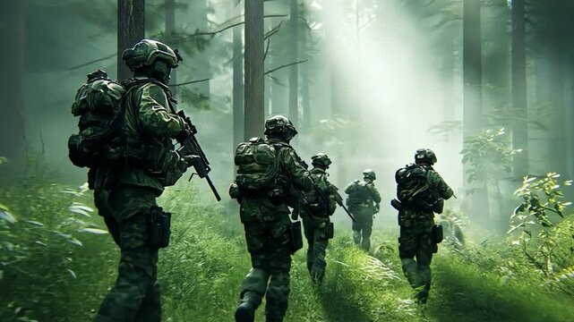 Troops from the military army's tactical squad and commando unit are going carefully through a woodland.