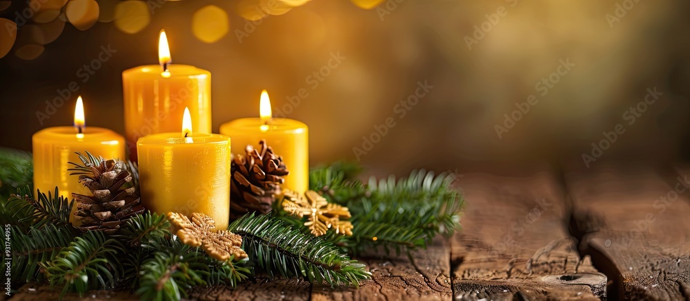 Leinwandbilder For the first Advent a lit candle on an Advent wreath set against a wooden background in landscape orientation. with copy space image. Place for adding text or design
