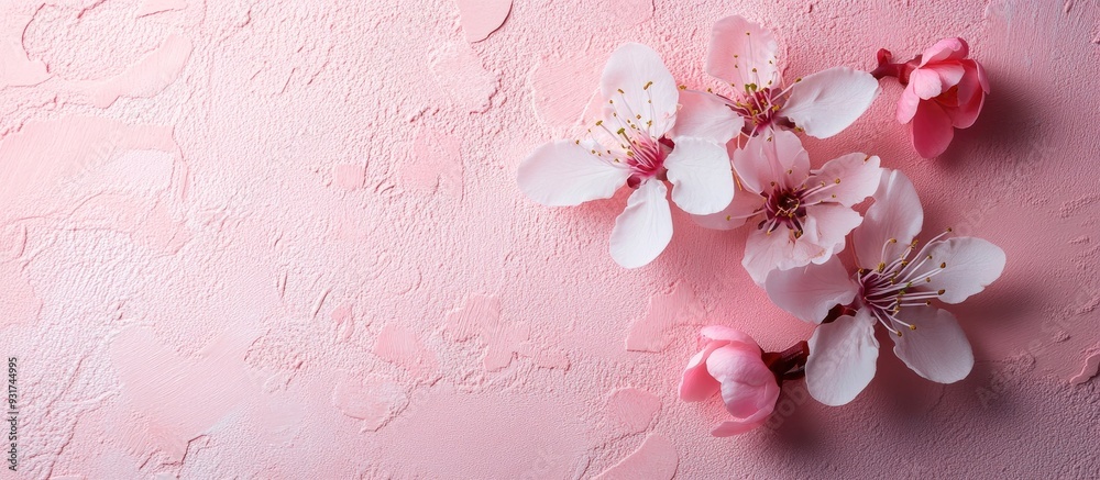 Aufkleber Pink flowers against a pink textured backdrop. with copy space image. Place for adding text or design