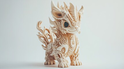 A single, intricately designed art toy standing alone on a clean white background, highlighting its unique details.