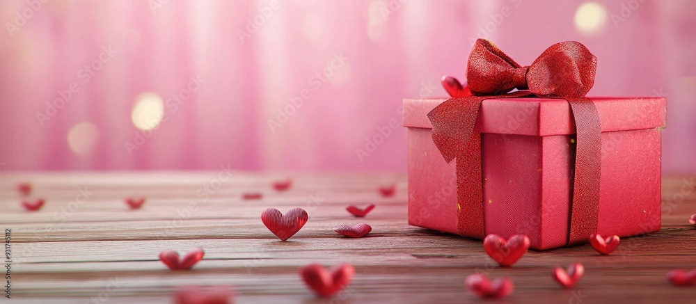 Aufkleber new year festival valentine s day decorations a red gift box on a wooden table with a pink backgroun
