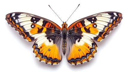 Fototapeta premium Beautiful yellow and black butterfly with delicate wings, isolated on white background