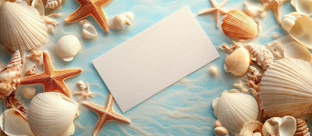 Poster holiday beach theme featuring shells sea stars and a blank postcard. with copy space image. Place for adding text or design