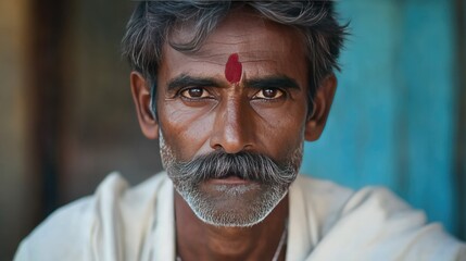 A solitary Indian man with a thick mustache and piercing gaze, captured in a moment of contemplation, dressed in simple traditional attire.