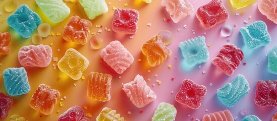 assorted jelly candies on a white background vibrant flat lay arrangement with copy space