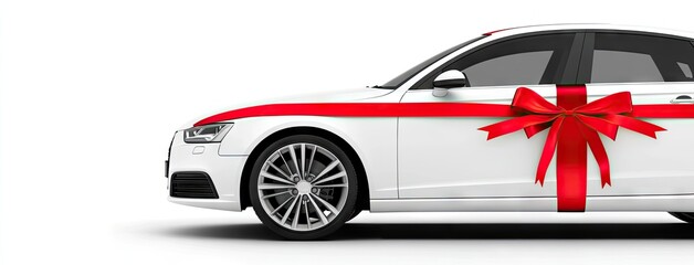 A stunning car adorned with a red ribbon and bow, symbolizing the ultimate gift on a crisp, bright day