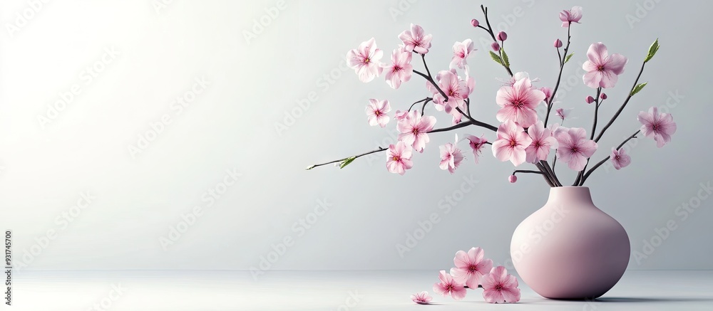 Aufkleber Pink cherry branch in a vase on a white background with flowers. with copy space image. Place for adding text or design