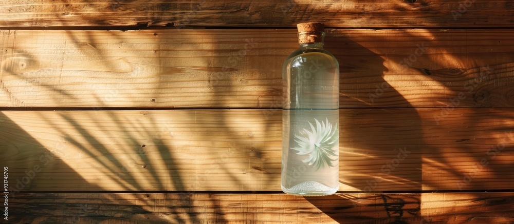 Poster Closeup of a glass jar filled with pickled chili peppers on a grey wooden table Space for text. with copy space image. Place for adding text or design