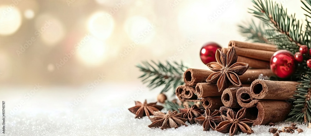 Poster Christmas spices such as cinnamon sticks anise stars and cloves. with copy space image. Place for adding text or design
