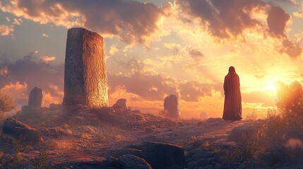 A stoneman figure standing guard over a sacred site, with the setting sun casting long shadows across the scene.