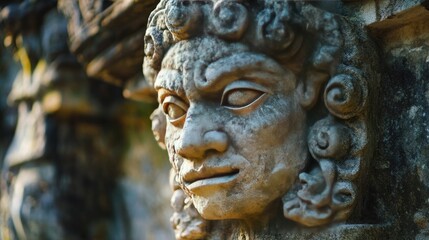Obraz premium A stoneman sculpture at the entrance of an ancient temple, guarding the sacred space with a stern expression.