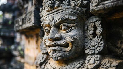 Obraz premium A stoneman sculpture at the entrance of an ancient temple, guarding the sacred space with a stern expression.