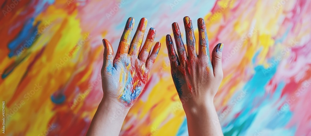 Poster hands colorful art background on the wall. with copy space image. Place for adding text or design