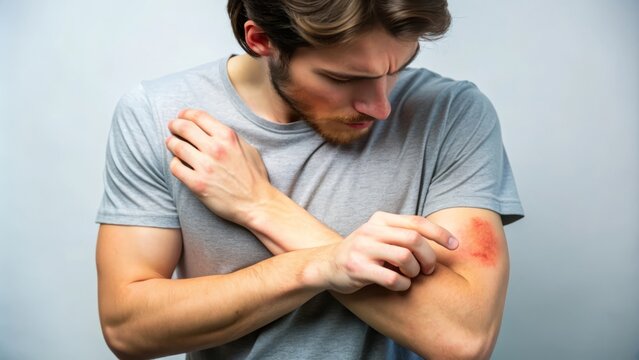 Young man itching and scratching on arm from allergic itchy dry skin eczema dermatitis insect bites