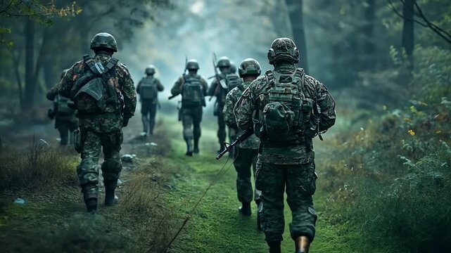 Troops from the military army's tactical squad and commando unit are going carefully through a woodland.