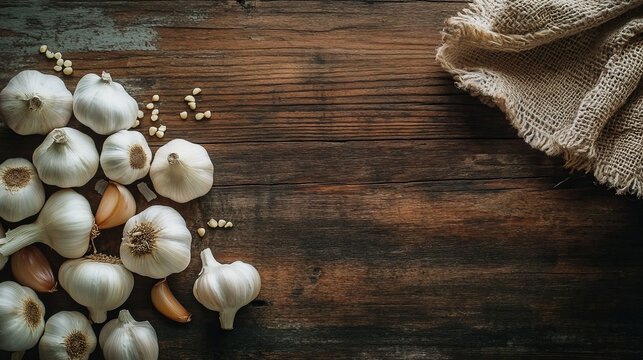 Fresh garlic bulbs on a rustic wooden table, natural ingredients and healthy cooking