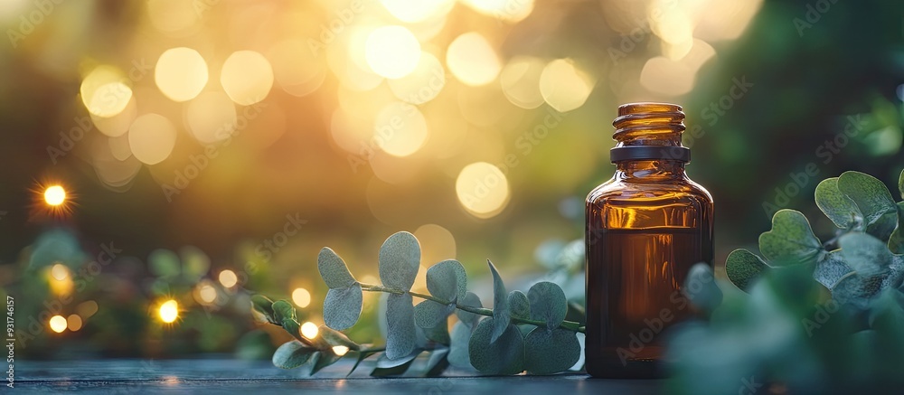 Aufkleber Bottle of eucalyptus essential oil with a blurred background close up and room for text. with copy space image. Place for adding text or design
