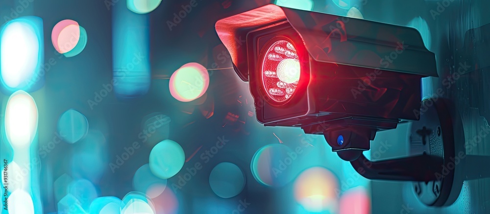 Poster close up of a cctv camera with a blurred background and copy space