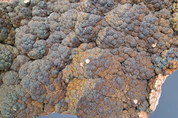 A close-up of a dark, textured mineral surface with bumpy, rounded formations
