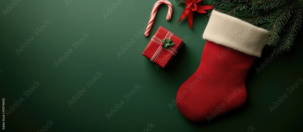Poster christmas stocking alongside a small gift box and candy canes on a green background flatlay arrangem