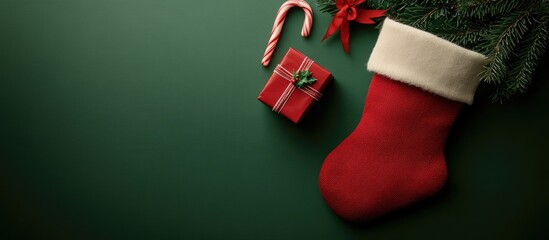 Christmas stocking alongside a small gift box and candy canes on a green background Flatlay arrangement of holiday decorations. with copy space image. Place for adding text or design