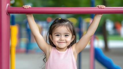 Fototapeta premium A joyful young girl in a pink dress plays on monkey bars at a vibrant playground on a sunny day
