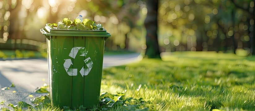 Customizable poster situated in a recycling bin in a park along the street. with copy space image. Place for adding text or design