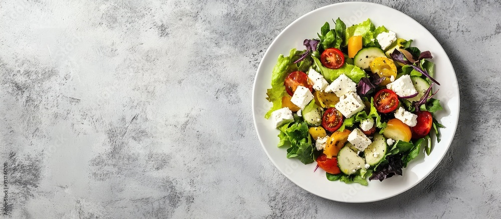 Aufkleber A fresh vegetable salad with feta cheese on a white plate set against a light slate stone or concrete background Top view with copy space