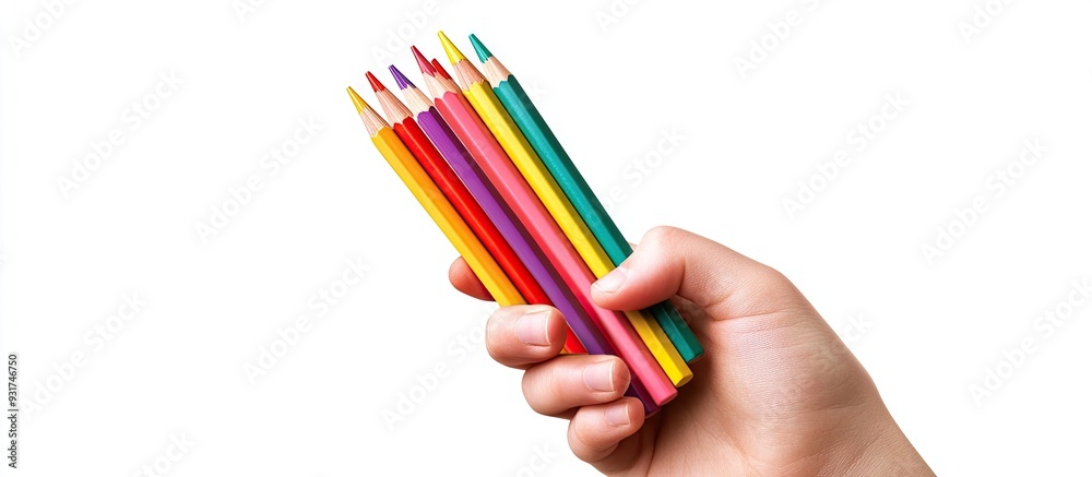 Aufkleber Color pencils held in hand isolated on a white background Close up Top view Text let s do it. with copy space image. Place for adding text or design
