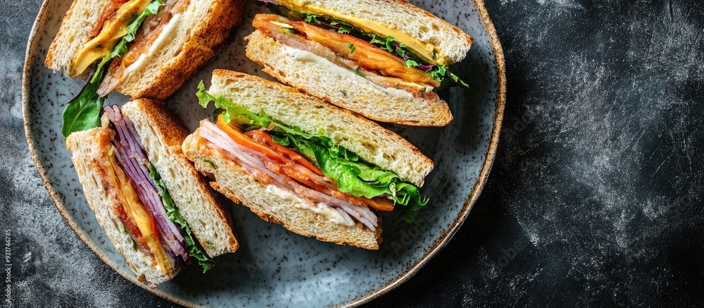 Fototapete assorted sandwiches on a plate. with copy space image. place for adding text or design