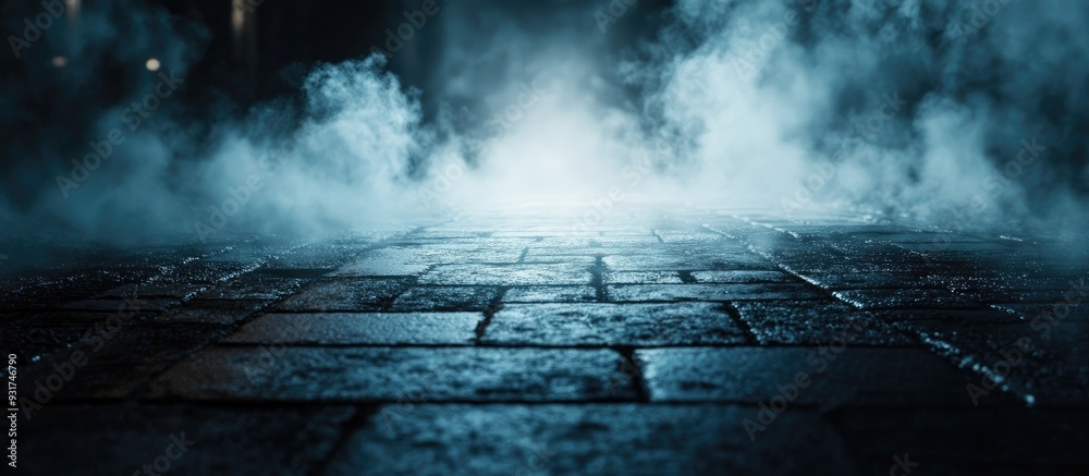 Poster dramatic background of a nighttime street spotlight on the pavement smoke. with copy space image. pl
