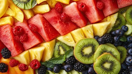 A vibrant fruit platter featuring slices of watermelon, pineapple, kiwi, and berries, arranged in a colorful display.