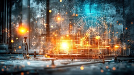 Digital Blueprint with Glowing Architectural Lines