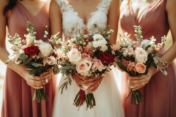 Bride and bridesmaids holding bouquets of flowers, wedding ceremony, wedding photo
