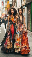 Portrait of beautiful Japanese fashion models wearing luxury high fashion dresses on the street