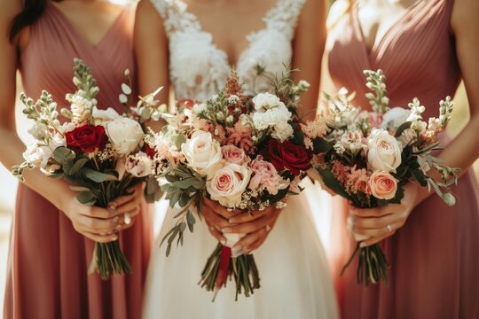 Bride and bridesmaids holding bouquets of flowers, wedding ceremony, wedding photo
