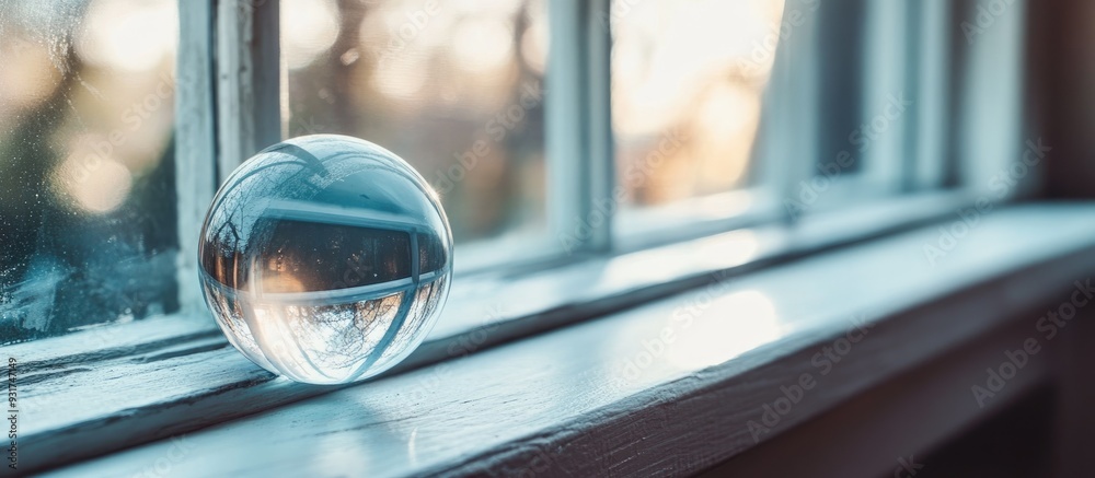 Aufkleber Selective focus on a small ball underneath glass on the windowsill. with copy space image. Place for adding text or design