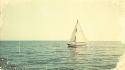 Fototapeta premium A vintage photograph of a lone sailboat on the ocean, the film camera capturing the serene scene with classic tones.