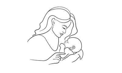 Mother and child continuous line art drawing isolated on white background. Mother day. Vector illustration