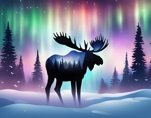 Snow forest aurora moose background