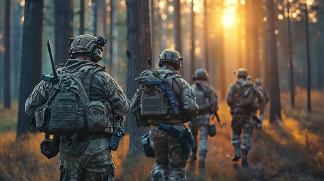 Troops from the military army's tactical squad and commando unit are going carefully through a woodland.