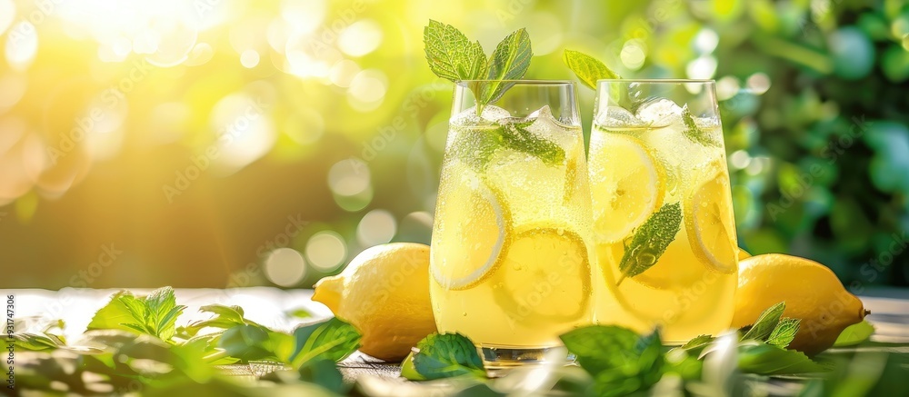 Poster lemonade with lemon mint and ice on a garden table. with copy space image. place for adding text or 