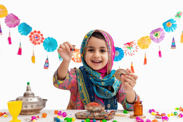 cute little muslim girl preparing Ramadan decoration