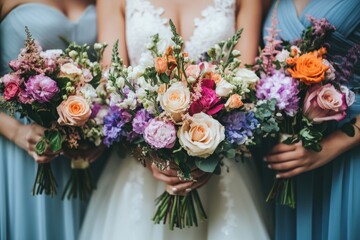 Bride and bridesmaids holding bouquets of flowers, wedding ceremony, wedding photo
